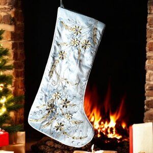 Embroidered & Beaded Christmas Stocking - Blue and Ivory - Glitz n Glimmer